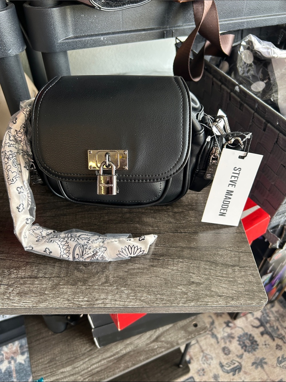 Steve Madden Black Crossbody Bag with Silver Hardware and Scarf Accent
